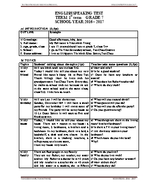Đề kiểm tra nói Tiếng anh lớp 7 - Năm học 2016-2017 - Trường THCS Thị Trấn Tân Châu